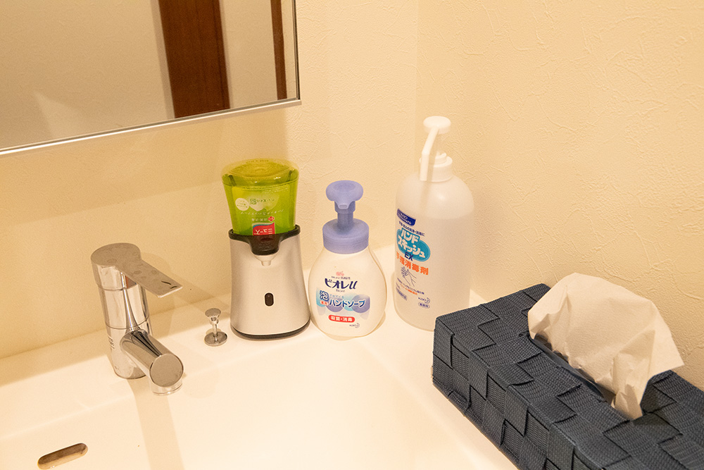 消毒用アルコール・石鹸・ペーパータオルも完備
